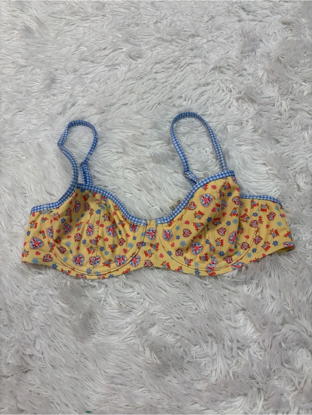 Frankie's Bikinis VS Pink Buttercup bikini top in yellow and blue